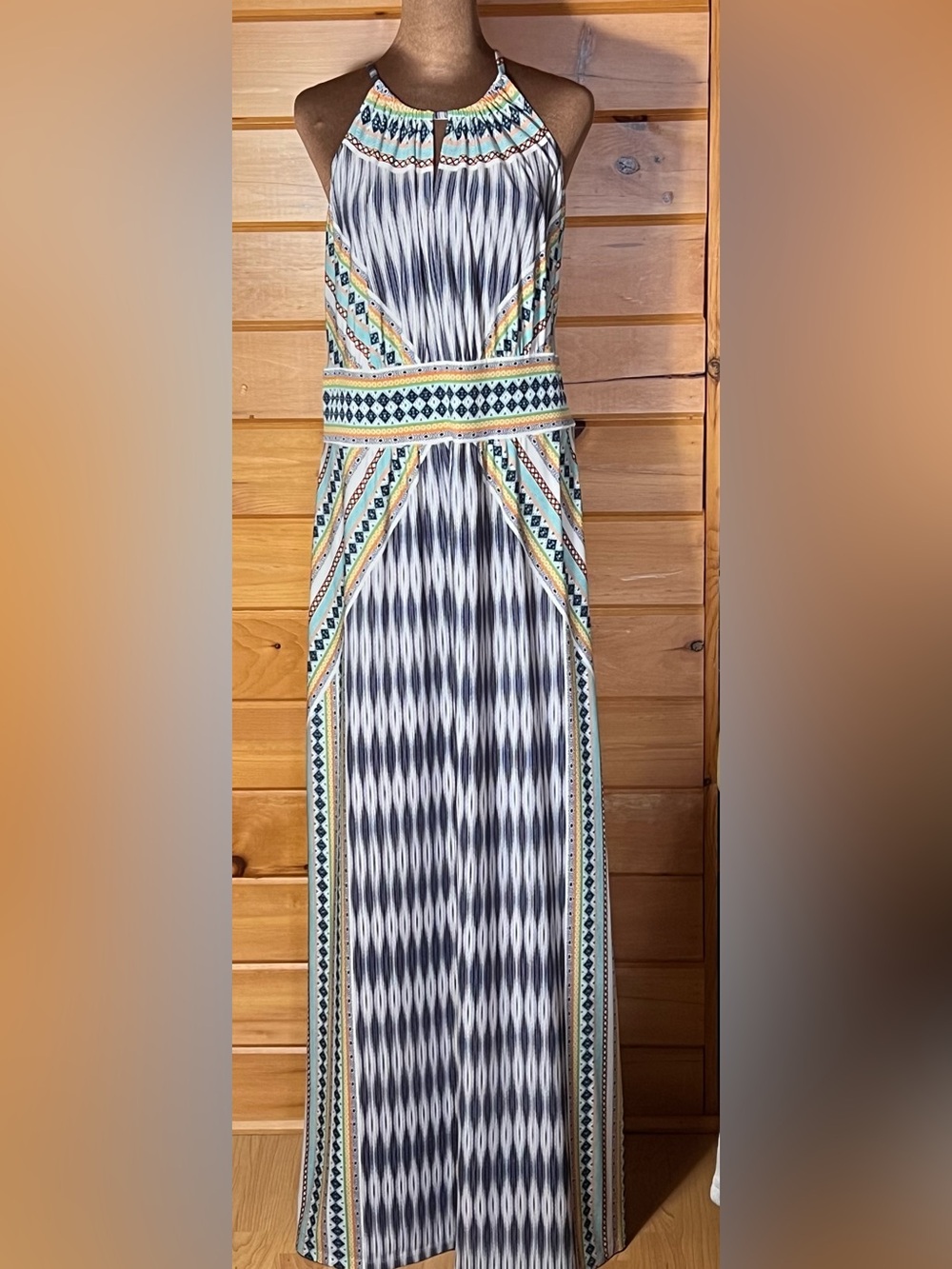 London Style Navy, Cream & Yellow Geometric Halter Maxi Skirt